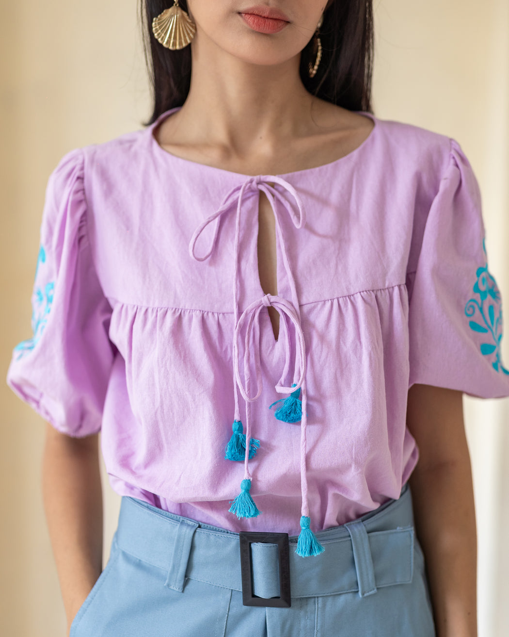 Madeline Embroidered Puff Sleeve Top - Lilac