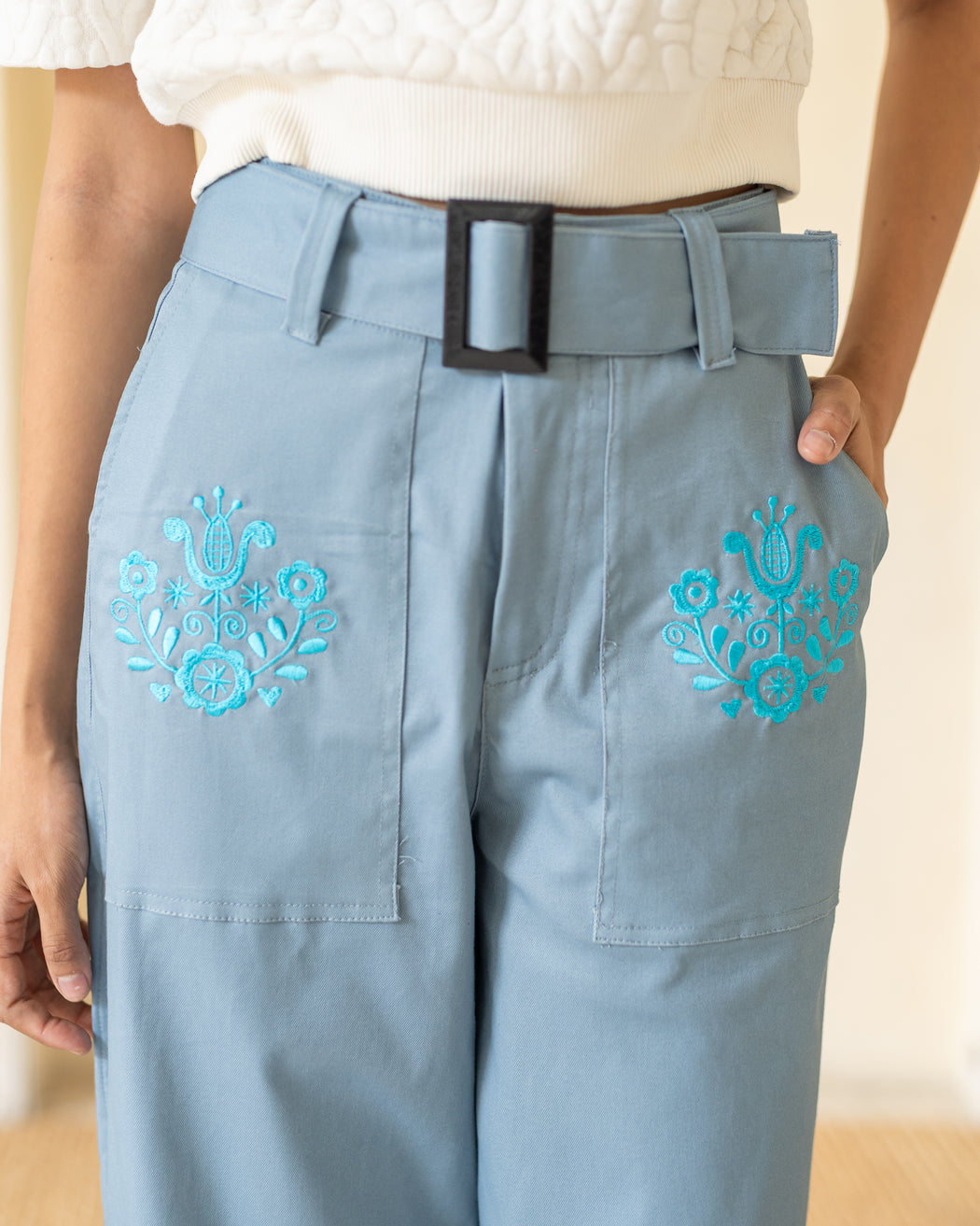 Madeline Embroidered Pants- Teal