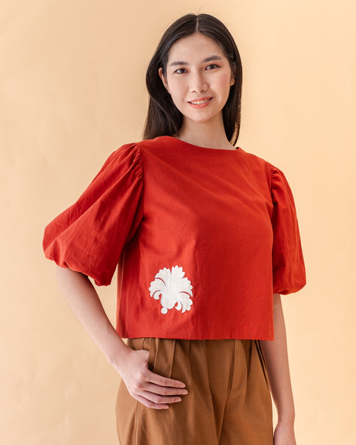 Sabrina Applique Embroidered Puff-Sleeve Jacket- Rust