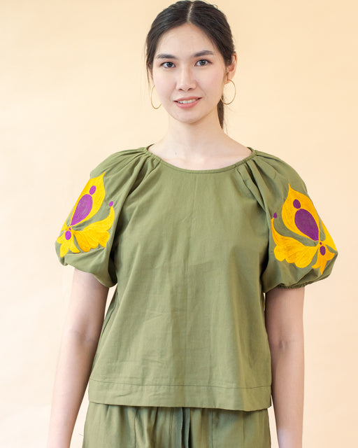 Esperanza Puff Sleeve Blouse- Army Green