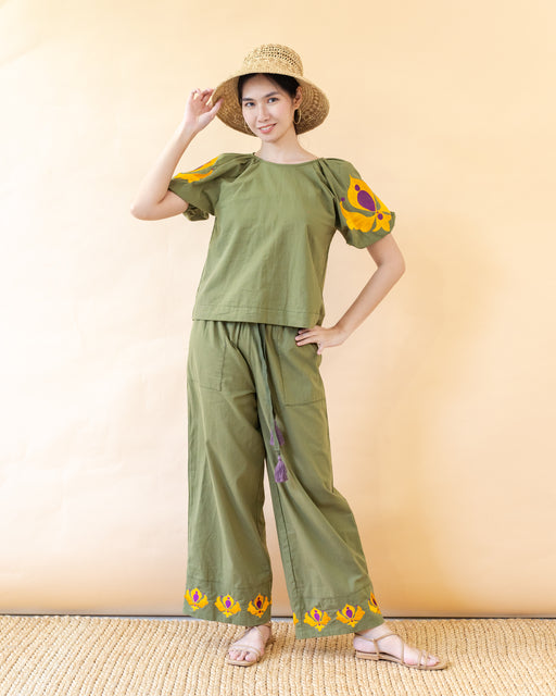 Esperanza Embroidered Drawstring Pants- Army Green