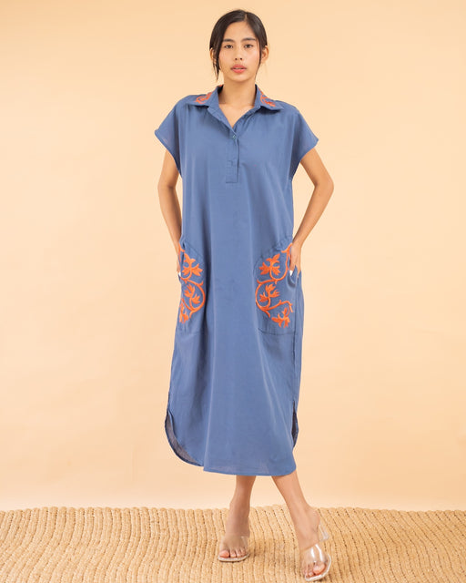 Danielle Embroidered Shirt Dress- Denim Blue